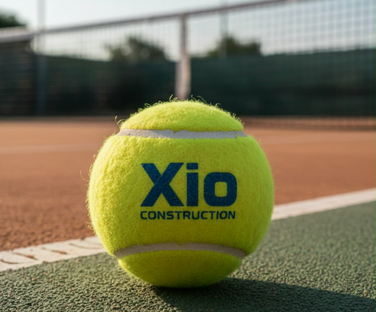 Xio Construction branded tennis ball on court surface
